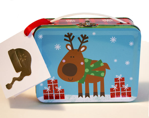 Image of a holiday lunchbox gift tin that contains homemade marshmallows and signature hot cocoa mix from Benedidict Treats