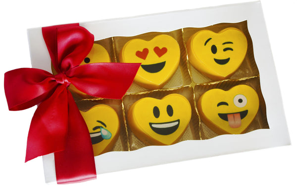 Image of 6 vibrant yellow heart emoji oreos® in gift box with a red satin bow for Valentine's Day, birthday, get well, or special occasion mail cookie delivery from Benedict Treats