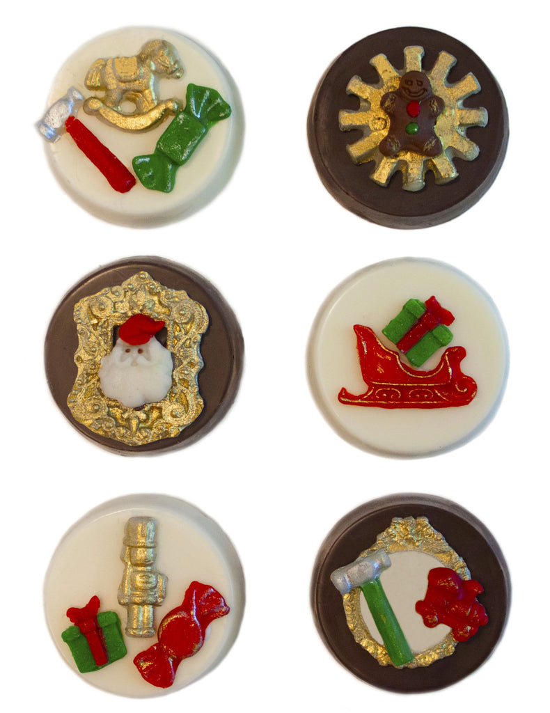 Image of chocolate covered oreos® with a Santa's Workshop design as a Christmas cookie delivery gift from Benedict Treats