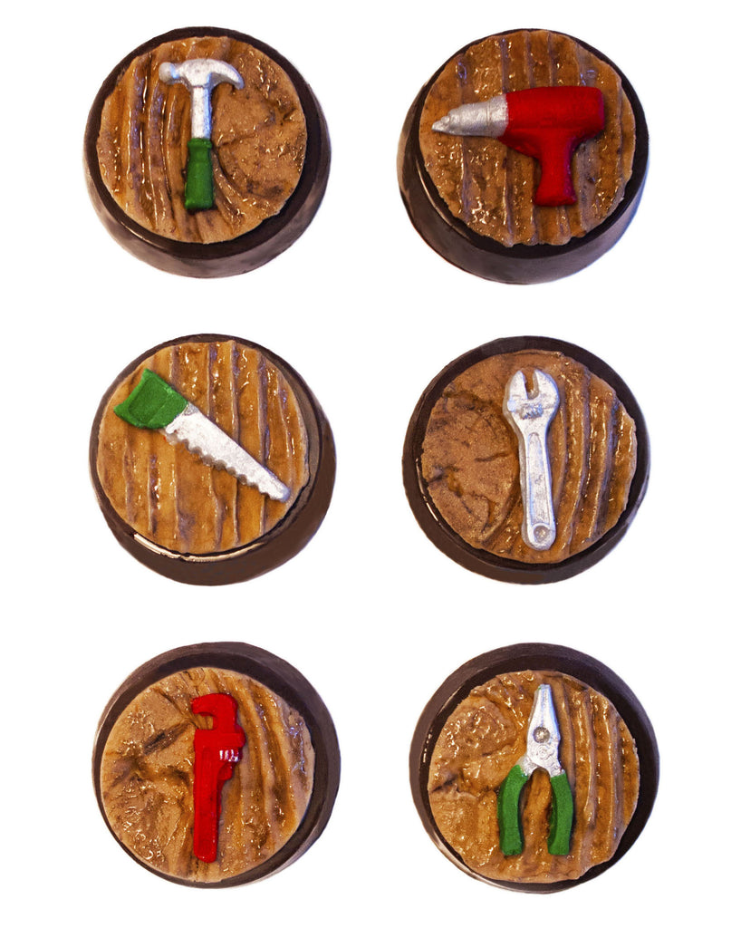 Image of mini edible tools on chocolate covered oreos as a guy gift for holiday or Christmas cookie delivery from Benedict Treats