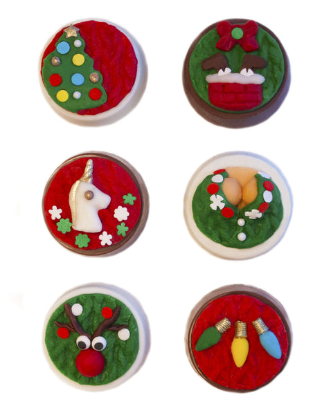 Image of chocolate covered oreos with an ugly christmas sweater design as a holiday or christmas cookie delivery gift from Benedict Treats