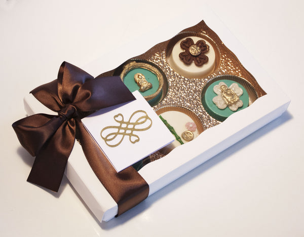 Image of beautiful zen garden design chocolate covered oreos in a nice white gift box with a chocolate satin bow as a thank you or thinking of you cookie delivery gift from Benedict Treats